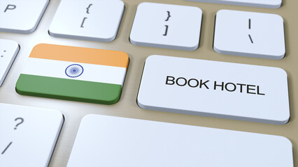 Book hotel in India with website online. Button on computer keyboard. Travel concept 3D animation. Book hotel text and national flag. 3D illustration