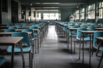 Bangkok, Thailand, 10 11 2022 Roll of chairs in an empty classroom. Generative AI