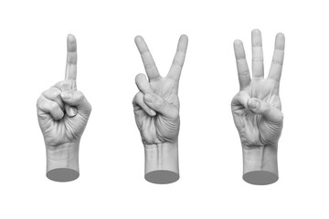 Set of 3d hands showing gestures counting one, two, three numbers isolated on a white background....