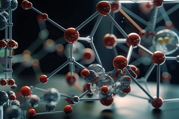 Atom, DNA, and molecular models in a science research lab. Generative AI