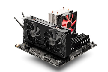 Motherboard assembly with processor, video card, cooler and DDR4.