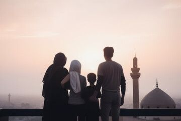 Ramadan Kareem Greetings and Family Bonding: A Heartwarming Photography of a Family Viewing a Mosque from Behind