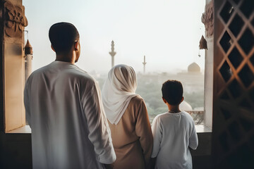 Fototapeta premium Ramadan Kareem Greetings and Family Bonding: A Heartwarming Photography of a Family Viewing a Mosque from Behind