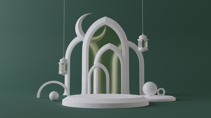 islamic ramadhan kareem theme product display with mosque portal or gate. 3d render