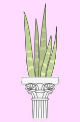 Flower pot in the form of an antique column with a houseplant. Vector illustration in doodle style.