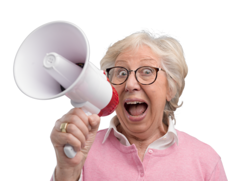 Cheerful senior lady shouting into a megaphone