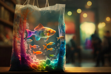 Colourful tropical aquarium fish in a transparent bag. Generative AI