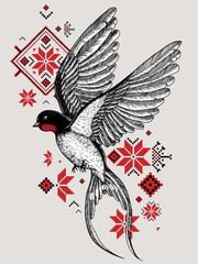 Vector illustration of a swallow bird in flight on a background of Ukrainian ornament