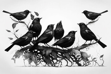 Crowd of black birds. Generative AI. 