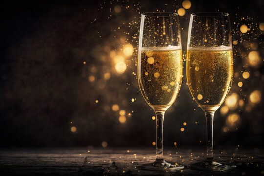 Two glasses of champagne with golden bokeh. Generative AI.