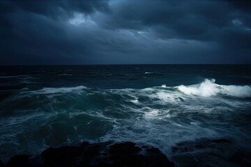 Obraz premium Dark ocean storm at night with lighting and waves. Generative AI