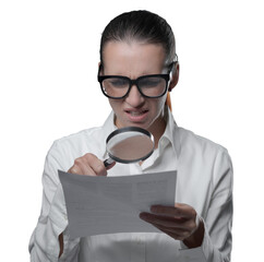 Disappointed businesswoman checking a contract