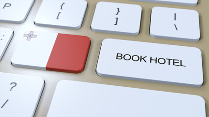 Book hotel in Malta with website online. Button on computer keyboard. Travel concept 3D animation. Book hotel text and national flag. 3D illustration