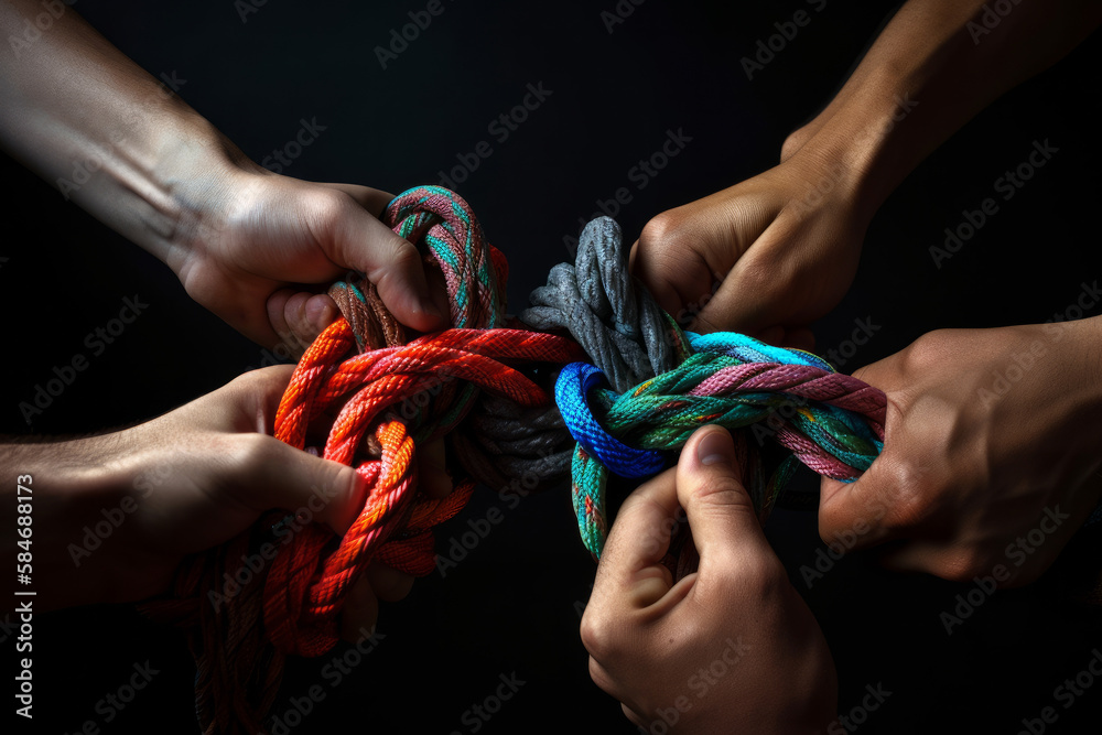 Wall mural Many peoples hands working together to untangle a knotted rope. Business teamwork. Generative ai