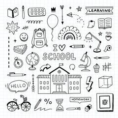 Back to school vector set. School doodle illustrations. Hand drawn school icons