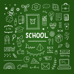 School doodles vector set. Cute education icons. Hand drawn school illustrations