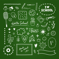 Back to school vector set. Hand drawn school doodles on green board