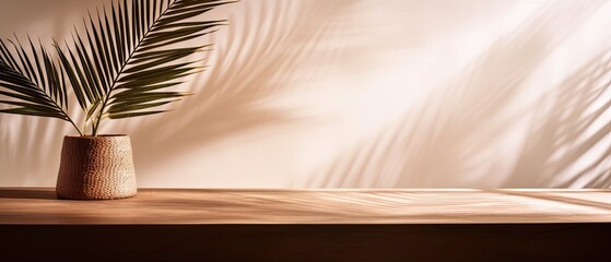 Fototapeta na wymiar Empty wooden table counter with tropical palm tree in dappled sunlight , digital ai art