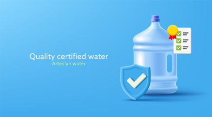 Quality certified water, artesian water. A large water bottle, a shield with a check mark and a certificate. Banner for advertising on a blue background.