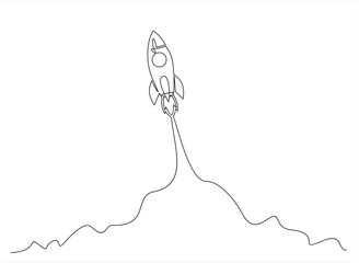 Business project Start Up concept with rocket ship in one line drawing style. Web banner with Launching a spaceship. Editable stroke. Vector illustration