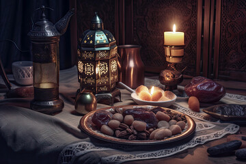 Obraz premium Generative AI Illustration of a plate of dates and Arabic sweets next to a Moroccan lamp. Concept about Ramadan