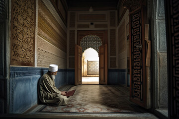 AI Generative Illustration of an imam sitting on the floor of a mosque reading