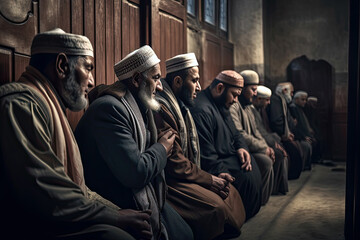 Fototapeta na wymiar Generative AI Illustration of a group of men of the Islamic religion praying inside a mosque in Ramadan