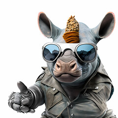 Rhino Using Eyeglasses and Leather Jacket. Generative AI