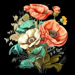 Bouquet of vintage Red poppies and flowers. Created with Generative AI.
