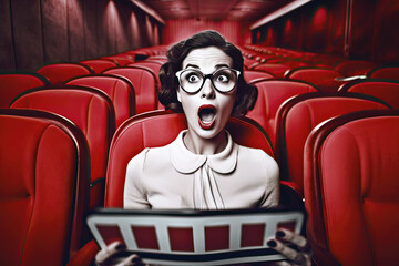 Generative AI Illustration of a woman in the cinema with a surprised face watching a movie on the screen of a cinema with red seats