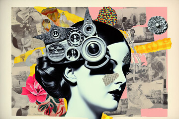 Generative AI Illustration of a vintage pop style collage with a woman and various technological objects. Conceptual artwork about technology