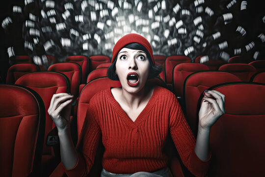 Generative AI Illustration of a woman in the cinema with a surprised face watching a movie on the screen of a cinema with red seats