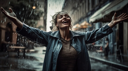 Plakat Beautiful and smiling woman enjoying the rain falling on her in the middle of the city. Generative AI