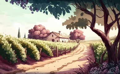 drawn vineyard landscape with a winery house watercolor village illustrations ai generated Generative AI