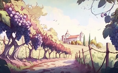 drawn vineyard landscape with a winery house watercolor village illustrations ai generated Generative AI
