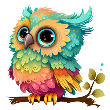 Colorful Baby owl illustration clipart, owl png, transparent background Generative Ai