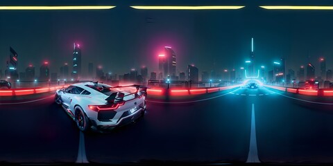 Photo of a car cruising through a vibrant cityscape at night