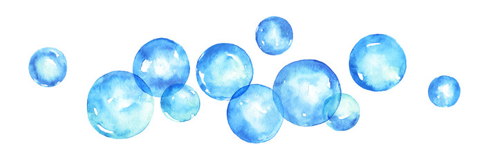 A set of blue watercolor soap bubbles isolated over white