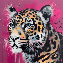 stencil painting of a leopard, on pink grunge background, made with generative ai