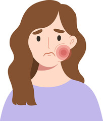 Young woman with pain spot on his face. Tooth pain character. Concept of dental health, dentistry, oral health.