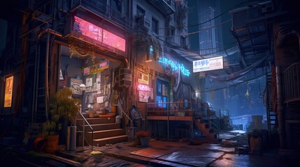 Dark futuristic city in the style of cyberpunk. Gloomy street with neon lights and glowing billboards. Beautiful night cyberpunk cityscape. Generative AI illustration.