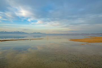 view over Chiemsee lake with the alps at the horizon