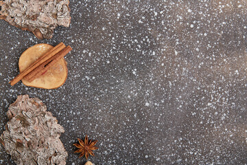 Natural background with tree bark, cinnamon with copy space for World Earth Day. Wooden and stone materials