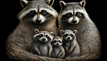 Illustration of  raccoon family portrait created with Generative AI technology