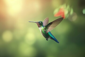 Fototapeta na wymiar Flying hummingbird with green forest in background. Small colorful bird in flight. 3D illustration. Generative AI