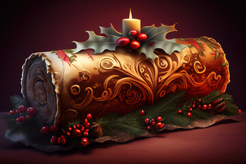 Decorated yule log with christmas tree in the background. Generative Ai