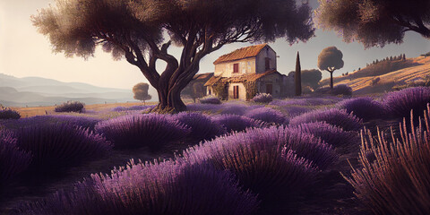 Beautiful lavender fields, purple, blue sky, farm, generative ai