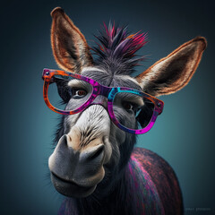 Funky punk donkey portrait with glasses yellow pink orange blue