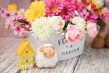bouquet of flowers and easter egg - 584692757