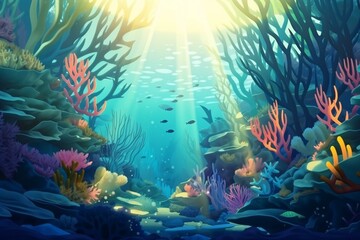Naklejka na ściany i meble a group of fish swimming over a coral reef in the ocean with soft blue water and sunlight shining on the corals and corals and corals below the water surface, with soft. generative ai